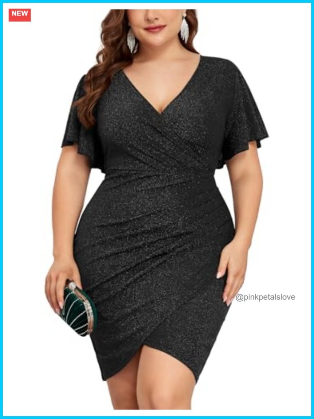 Plus Size Glitter Sequin Bodycon Mini Dress Ruched Wrap Ruffle Sleeve Cocktail